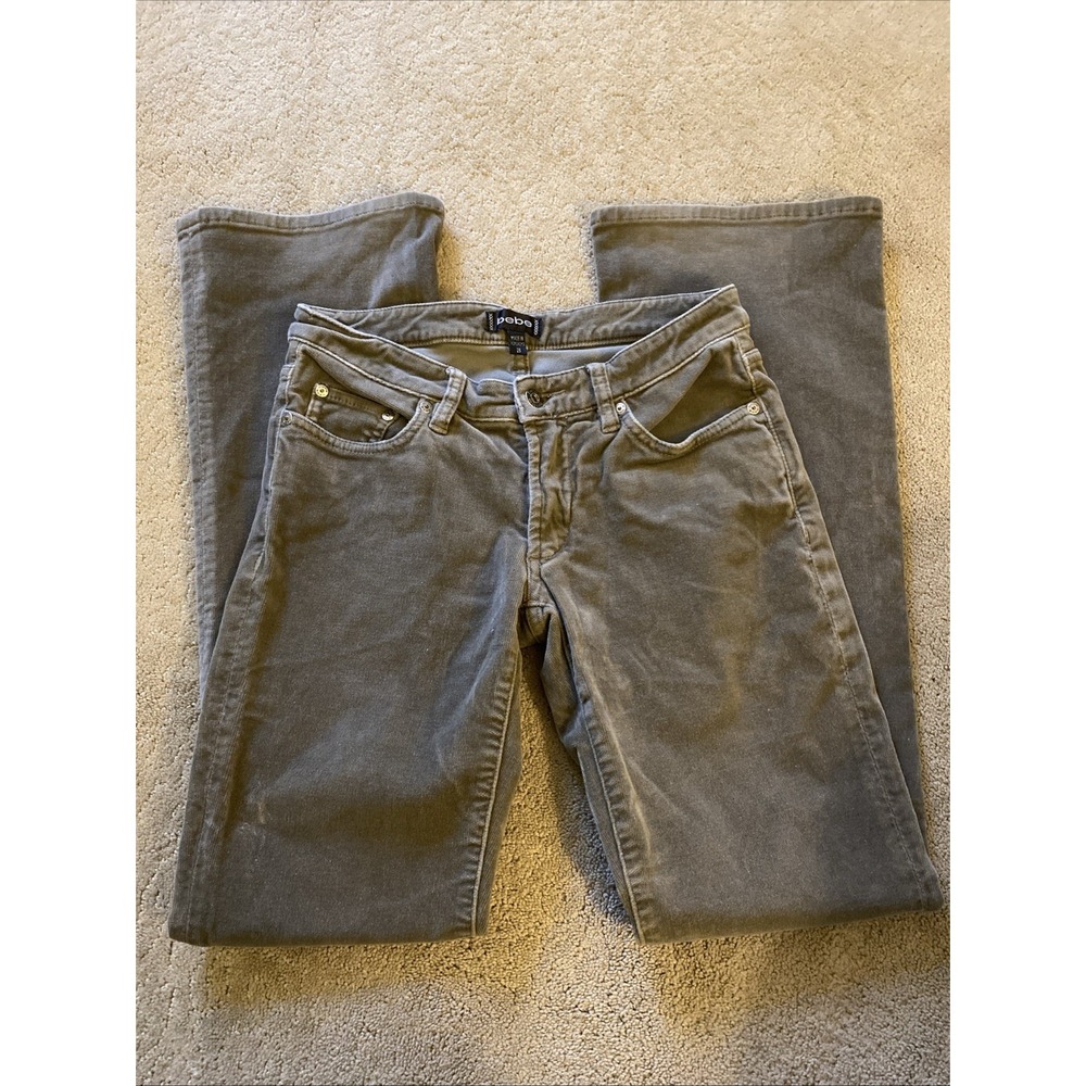 BEBE WOMEN'S OLIVE GREEN/GREY FLAIR LEG‎ CORDUROY PANTS SIZE 28